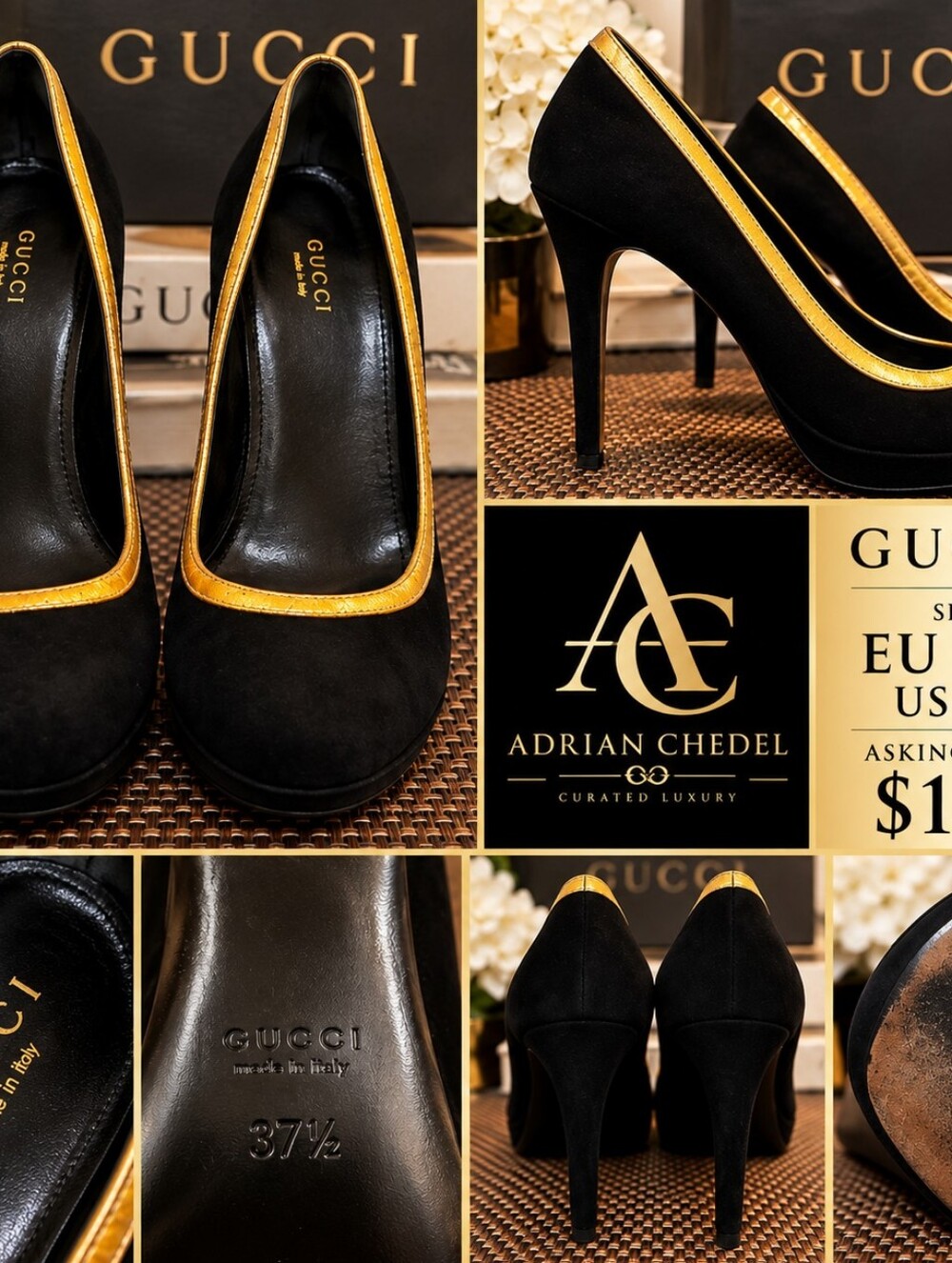 Gucci Black Suede Pumps with Gold Trim